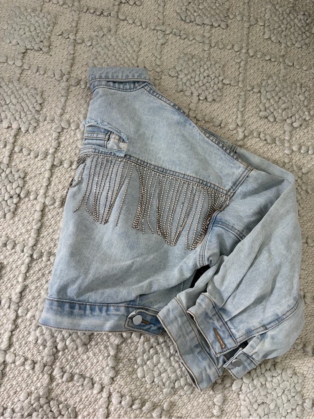 Light Blue Denim Jean Jacket with Metallic RHINESTONE Fringe